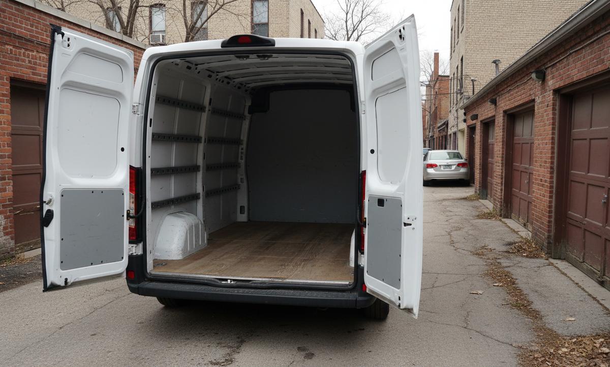 The empty bay of a white high-roof cargo van seen through its open rear doors, tie-down rails along both walls