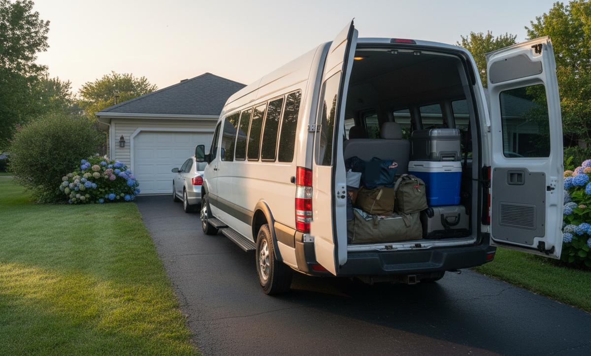 A long white passenger van with both rear doors open, bags and a cooler packed behind the last bench