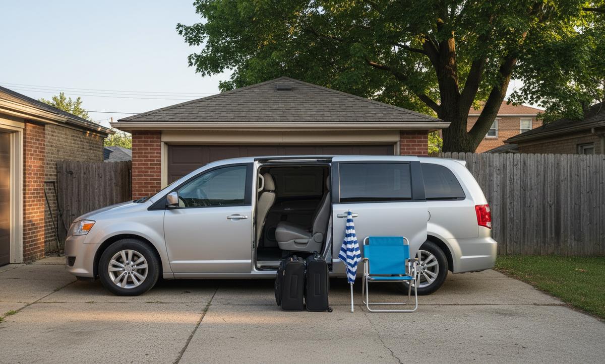 A silver minivan with its sliding door open beside a Chicago garage, two suitcases and folded beach chairs on the pad