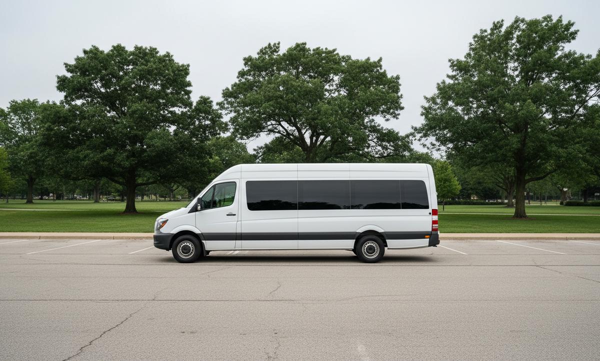 A white high-roof twelve-passenger van with tinted side windows parked by a park lawn and oak trees